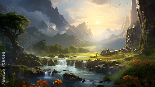 Panoramic view of a mountain river in the morning. Digital painting.