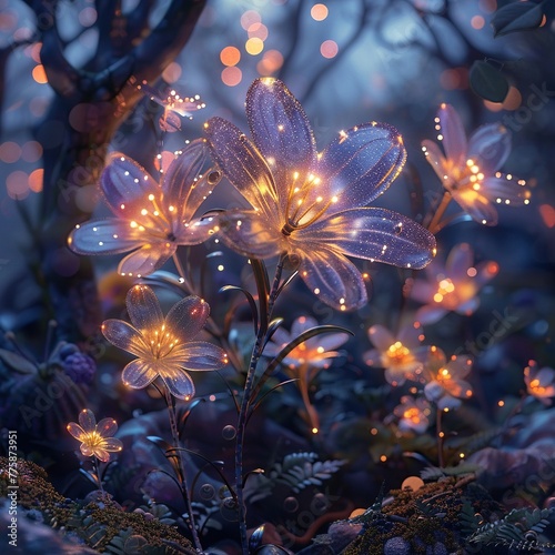 Crystal Blooms, Glittering Petals, Alien flowers blooming in a glowing forest, under a sky dotted with moons, 3D render, Ethereal lighting © Katawut