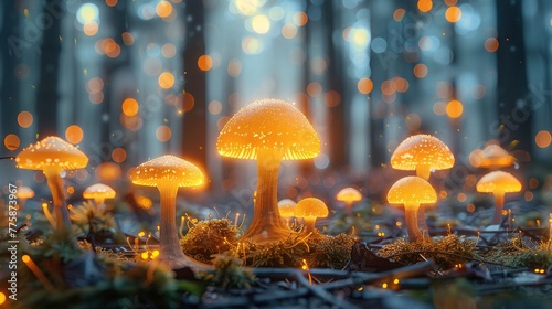 Glowing mushrooms, Forest floor, Creatures of light, Illuminated by bioluminescence, 3D render