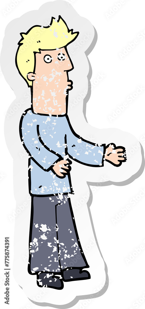 retro distressed sticker of a cartoon man explaining retro distressed sticker of a cartoon man explaining