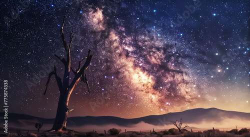 Impressive view with the foreground being the remains of a tree Against the background is a mountain view and a sky with the Milky Way and stars , long exposure picture picture. photo