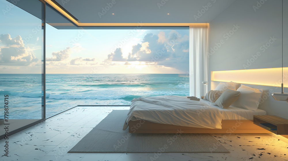 A modern contemporary bedroom that looks out over an ocean and beach. A vacation destination for a business owner