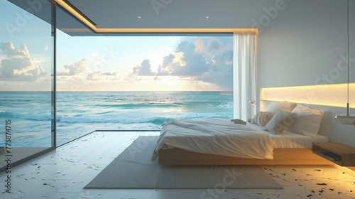 A modern contemporary bedroom that looks out over an ocean and beach. A vacation destination for a business owner © Volodymyr Shcerbak