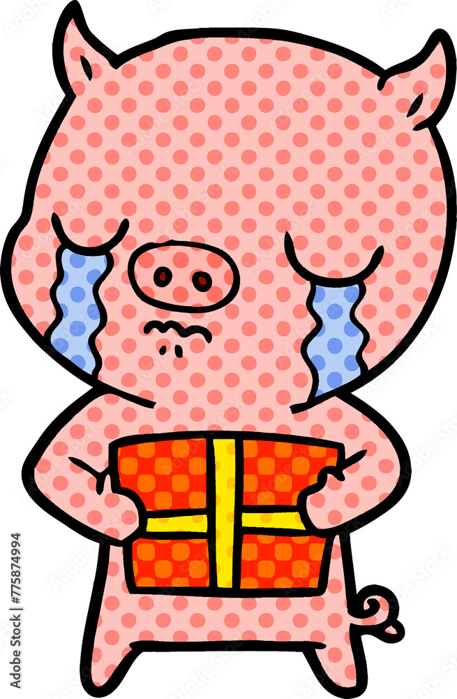 cartoon pig crying over christmas present