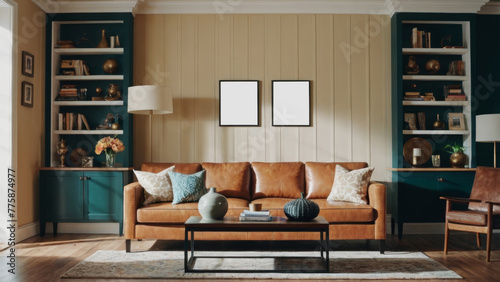 Stylish Living Room Design: Empty Frames Adorn Wall Decor