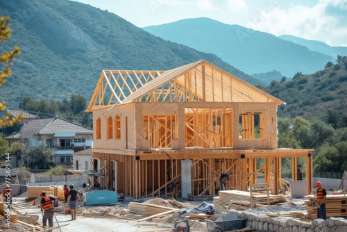 Construction workers building a house on a construction site with mountains in the background