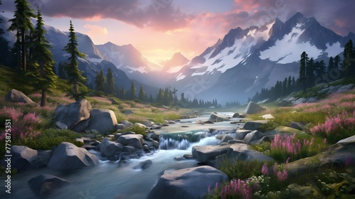 Beautiful panoramic view of a mountain river at sunset.