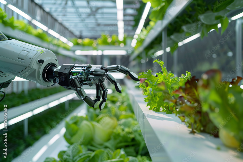 Robotic arm harvesting hydroponic vegetables or lettuce in a smart farm