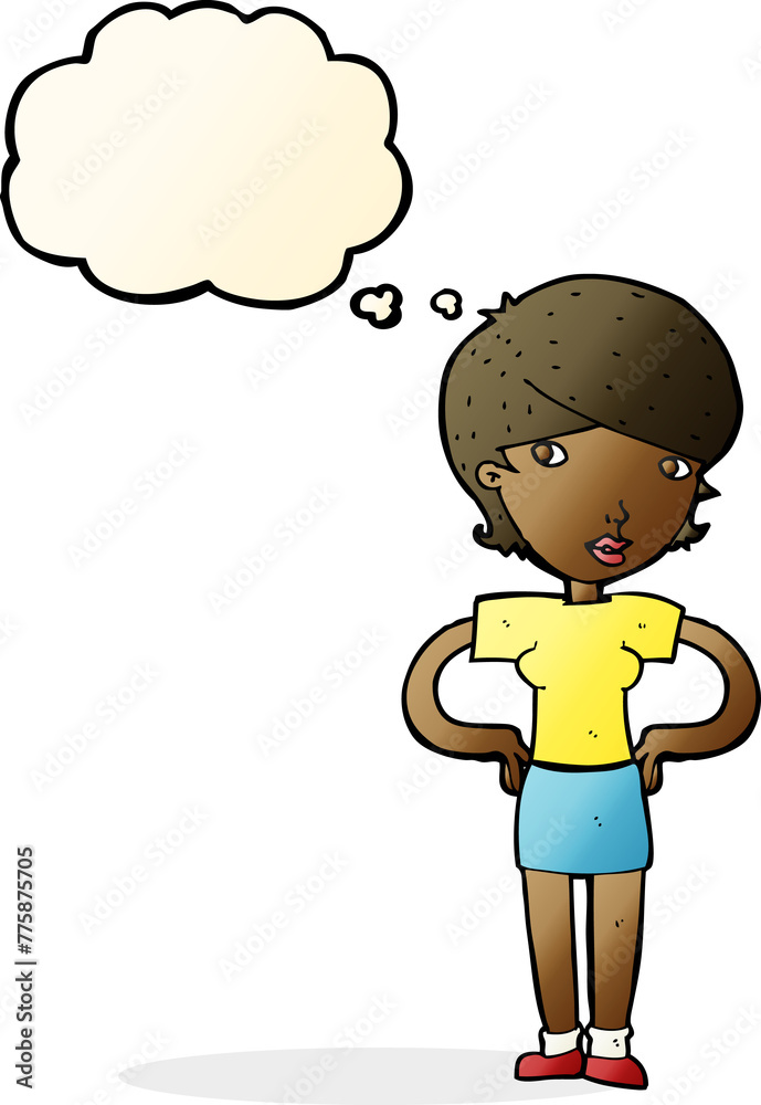 cartoon woman with hands on hips with thought bubble cartoon woman with hands on hips with thought bubble