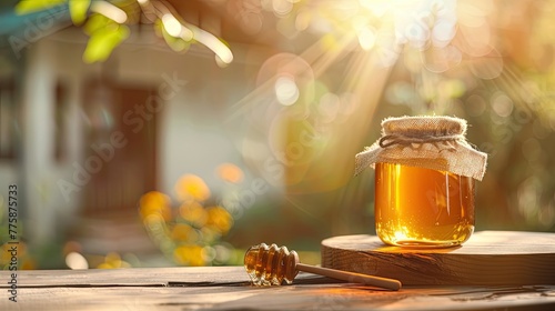 jar of honey on wooden table  