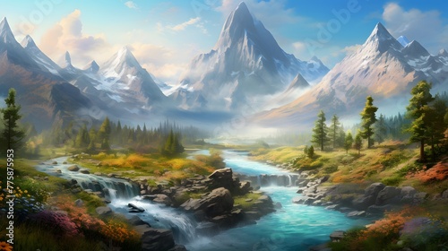 Panoramic mountain landscape with river and forest in the foreground.