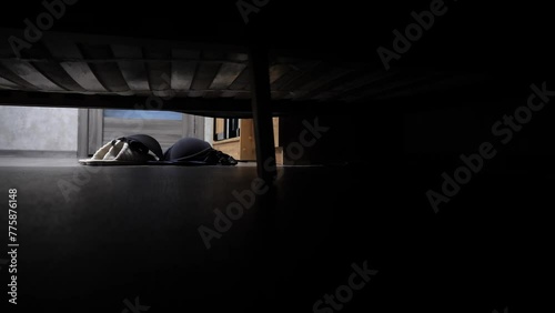 View from under wobbly bed where couple makes love. Someone undresses woman and throws her underwear on floor next to bed. Woman's bra falls onto slippers. Man and woman have sex.