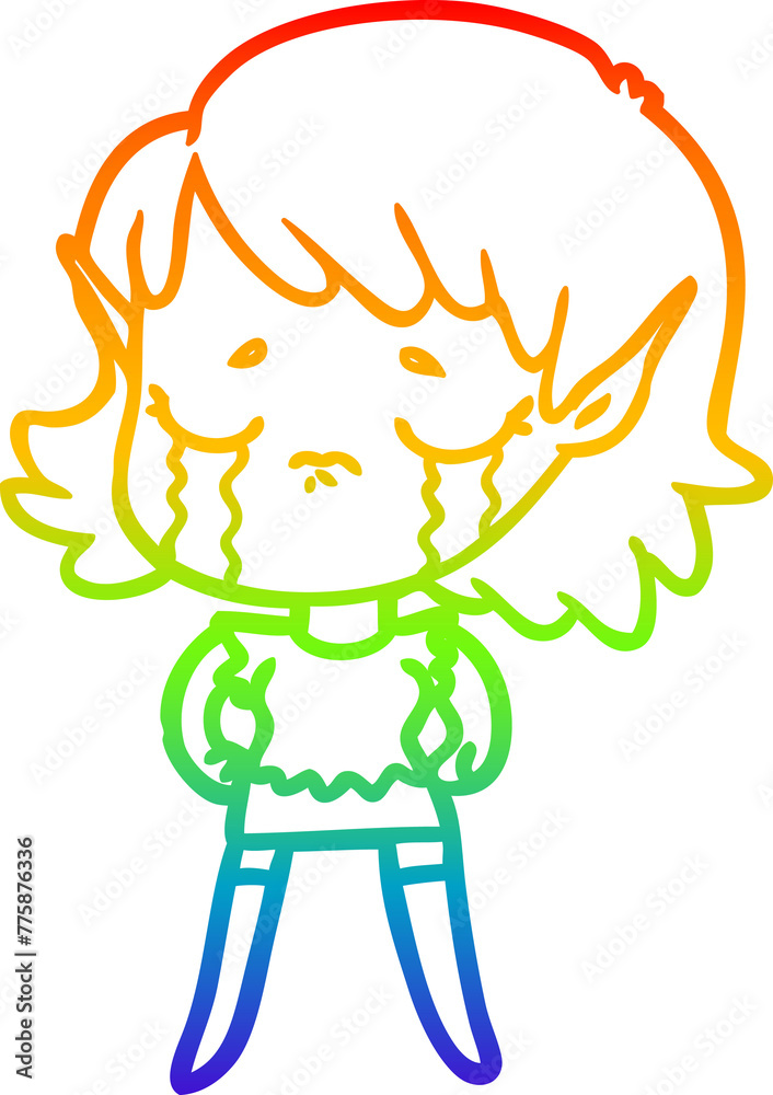 rainbow gradient line drawing of a cartoon crying elf girl rainbow gradient line drawing of a cartoon crying elf girl