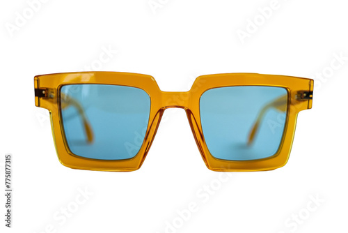 A pair of yellow sunglasses with blue lenses against a soft background