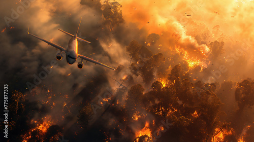 airplane shot, forest fire. A plane flies over a burning forest