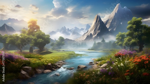 Beautiful panoramic landscape with a mountain river in the foreground © Iman