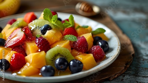 Fresh Mixed Fruit Salad Served on a Decorative Plate with Ripe Strawberries, Blackberries, Blueberries, Kiwi Slices, and Mango Chunks in a Cozy Atmosphere