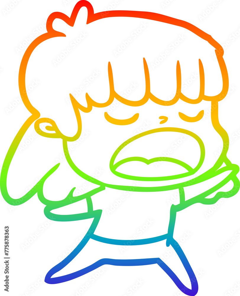 rainbow gradient line drawing of a cartoon woman talking loudly rainbow gradient line drawing of a cartoon woman talking loudly