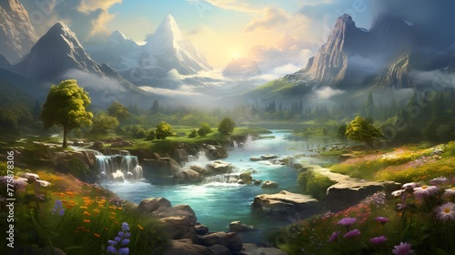 Panoramic view of a mountain river in the morning. Landscape with a mountain river. © Iman