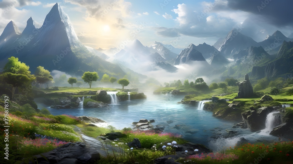 Panoramic view of beautiful mountain landscape with river and high peaks