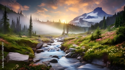 Panoramic view of the mountain river at sunset. Beautiful summer landscape in the mountains.