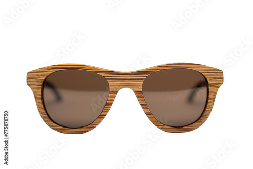 A stylish pair of wooden sunglasses resting on a pristine white background