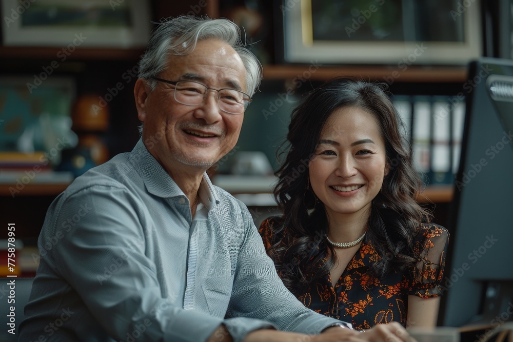 An Asian daughter imparts computer knowledge to her father, illustrating a heartwarming scene of familial bonding and technological education. An Asian daughter imparts computer knowledge to her father, illustrating a heartwarming scene of familial bonding and technological education.