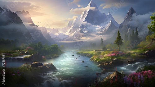 Panoramic view of mountain lake and forest at sunrise. Digital painting.