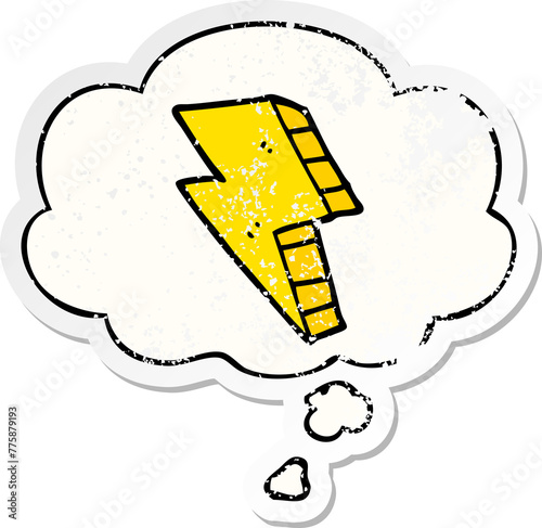 cartoon lightning bolt with thought bubble as a distressed worn sticker
