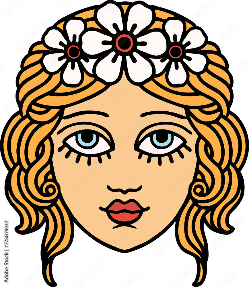 tattoo in traditional style of female face with crown of flowers