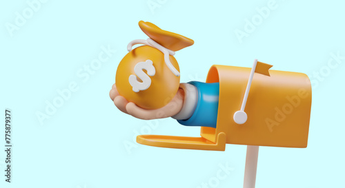 Hand with bag of money sticks out of mailbox. Money transfer concept