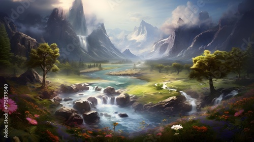 Digital painting of a beautiful landscape with lake and mountains in the background