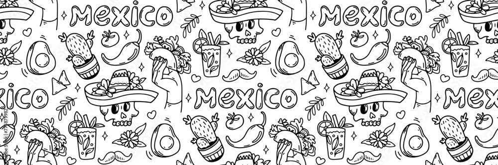 Mexico doodle seamless pattern. Cinco de mayo celebration background. Mexican food taco, avocado chili, tequila, sombrero scull and other culture elements. For wallpaper or fabric. Vector illustration