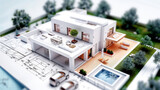 Architectural model of modern house design - A miniature 3D architectural model of a sleek, modern house with detailed landscaping and outdoor pool