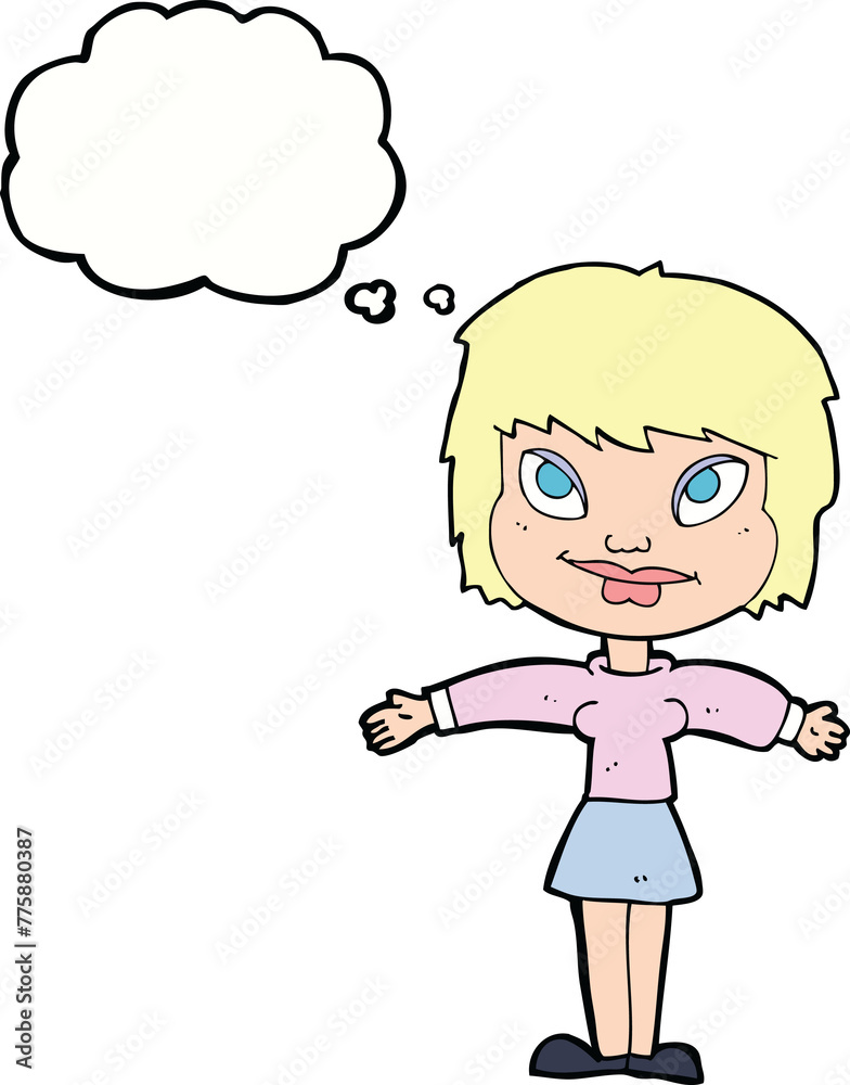 cartoon woman with open amrs with thought bubble cartoon woman with open amrs with thought bubble