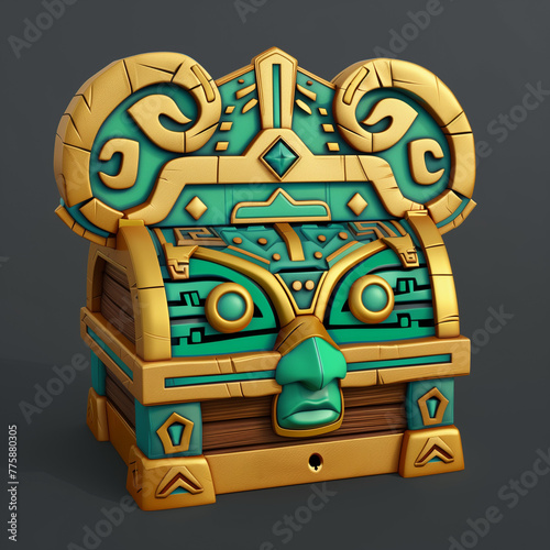 Mayan treasure chest. Inca treasure chest. Mayan loot box. Mayan chest game icon. 3D treasure chest icon. Game treasure chest. Mayan case. Aztec treasure chest