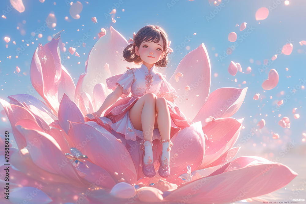 Fairy sitting on huge flower petals