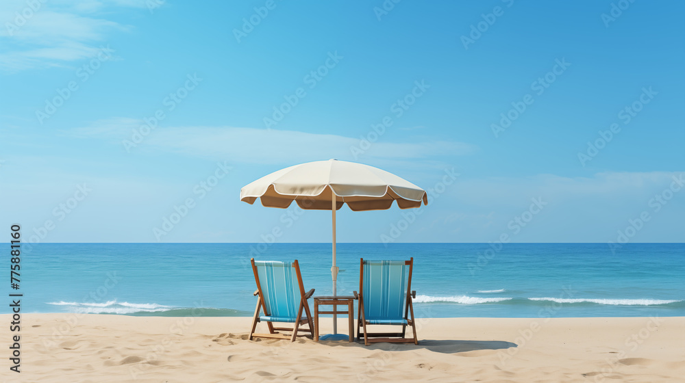 Classic White and Brown Beach Umbrella with Chairs on Sand