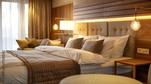 Modern Hotel Room With Double Bed Night Tables and day sofa bed