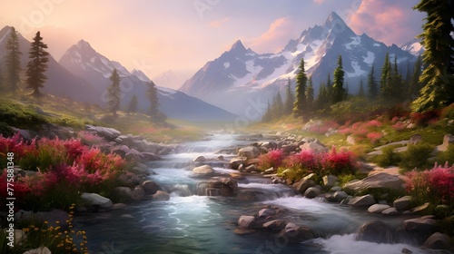 Panorama of a mountain river with flowers in the foreground and snowy peaks in the background