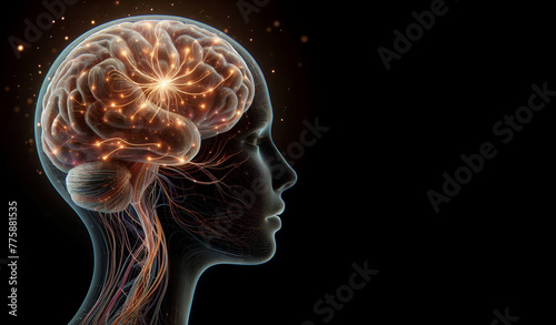 Human brain neurons Nervous system activity Machine learning Illustration on a dark background, generative ai photo