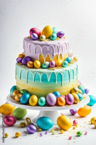 Easter cake or sweet bread decorated with white icing, red coloured Paschal eggs dyed, spring flowers, table and window background. Easter holiday decorations and symbols: bird and bunny.