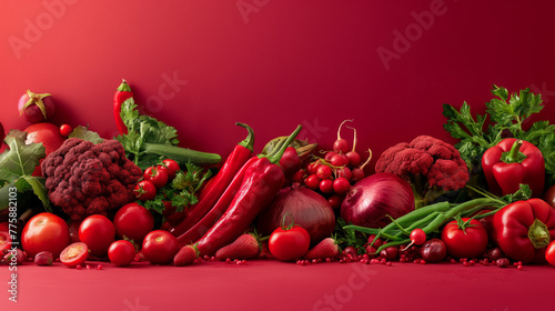 A vivid and appealing image showcasing a variety of fresh vegetables set on a deep red background, illustrating concepts of health and nutrition