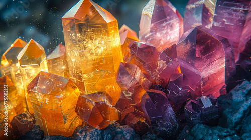 Close-up of a group of colorful crystals of amethyst