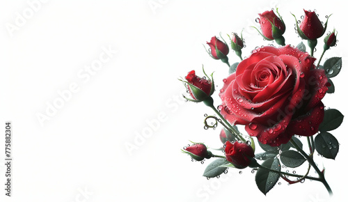 Bunch of red beautiful roses with water drops isolated on white  generative ai