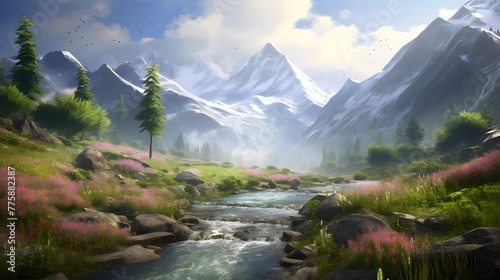 Panoramic view of a mountain river with pink flowers and green grass © Iman