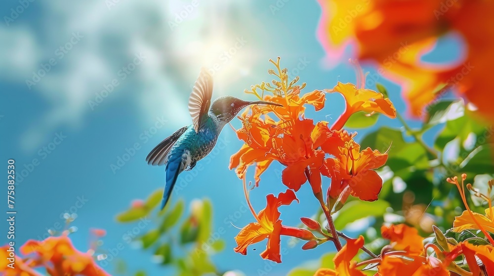 Fototapeta premium A hummingbird in flight with vibrant orange flowers in the foreground. Perfect for nature and wildlife concepts