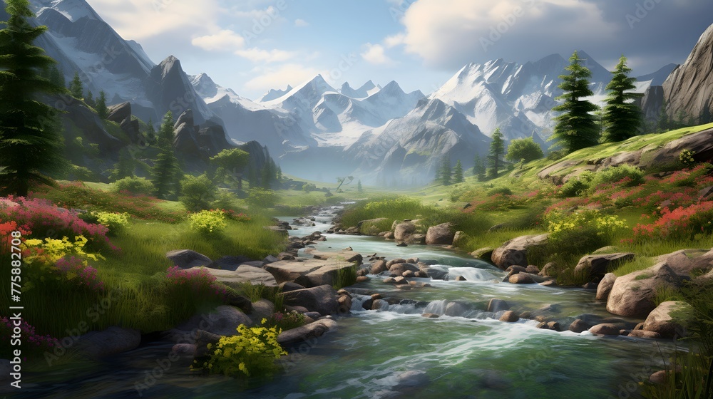 Panoramic view of a mountain river flowing through a green meadow