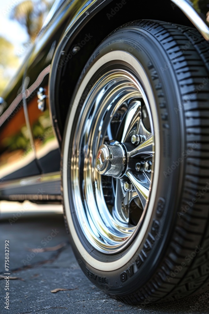 Close up of a car tire on a street, suitable for automotive industry