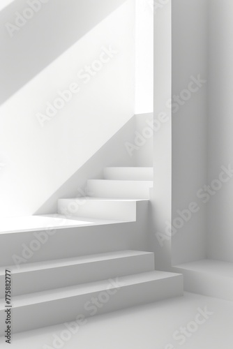 A simple white room with a staircase and a window. Suitable for interior design concepts